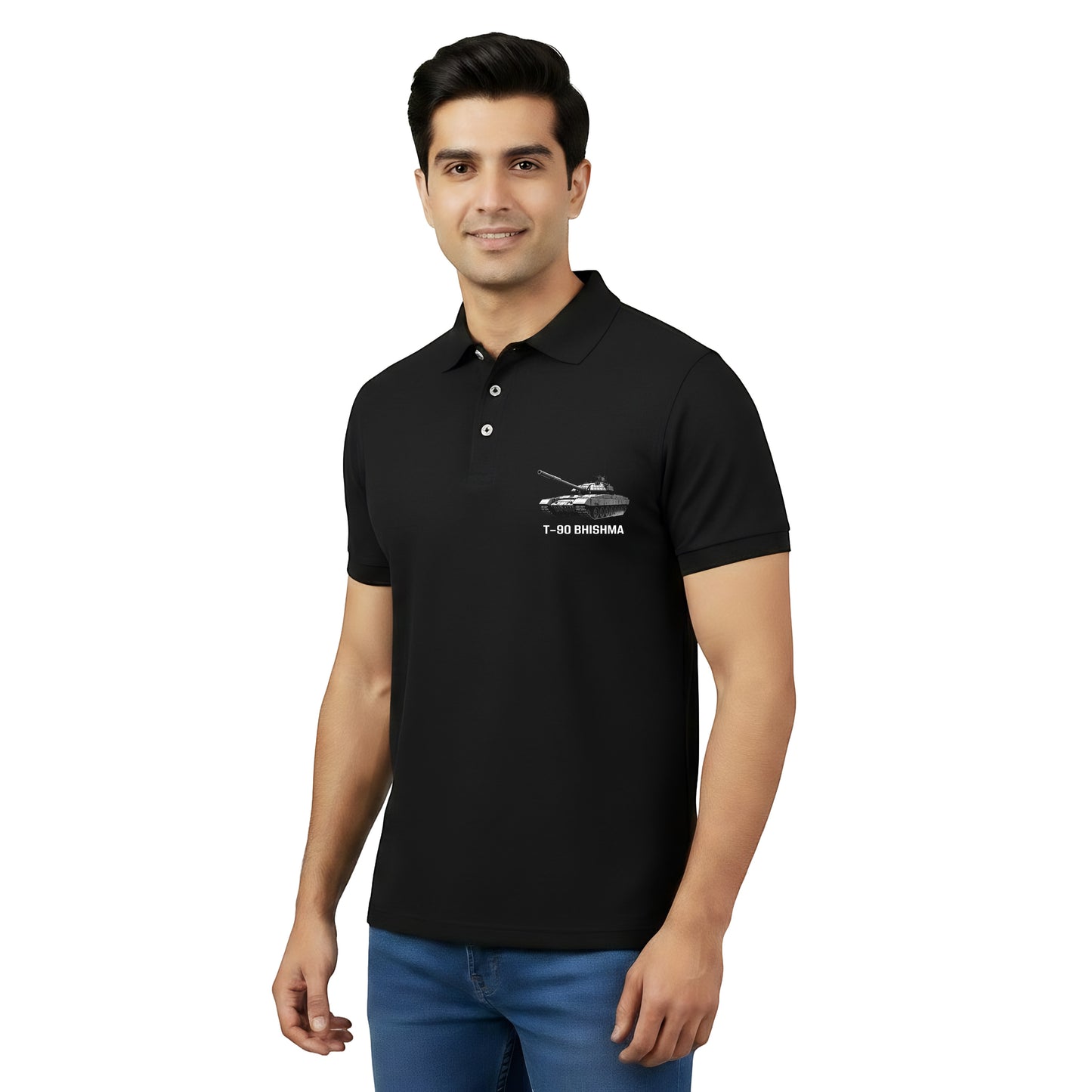 Olive Dreams black polo shirt with T-90 Bhishma tank graphic on chest. Short sleeves, collared, button placket.
